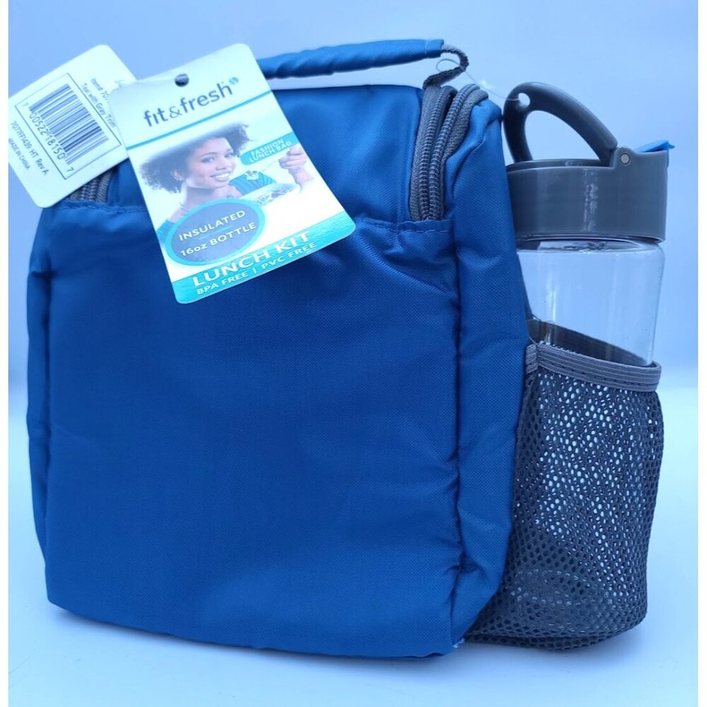 Fit & Fresh Insulated Lunch Bag Kit With 16 oz Bottle Blue Unisex Zip Top NWT - Picture 2 of 8